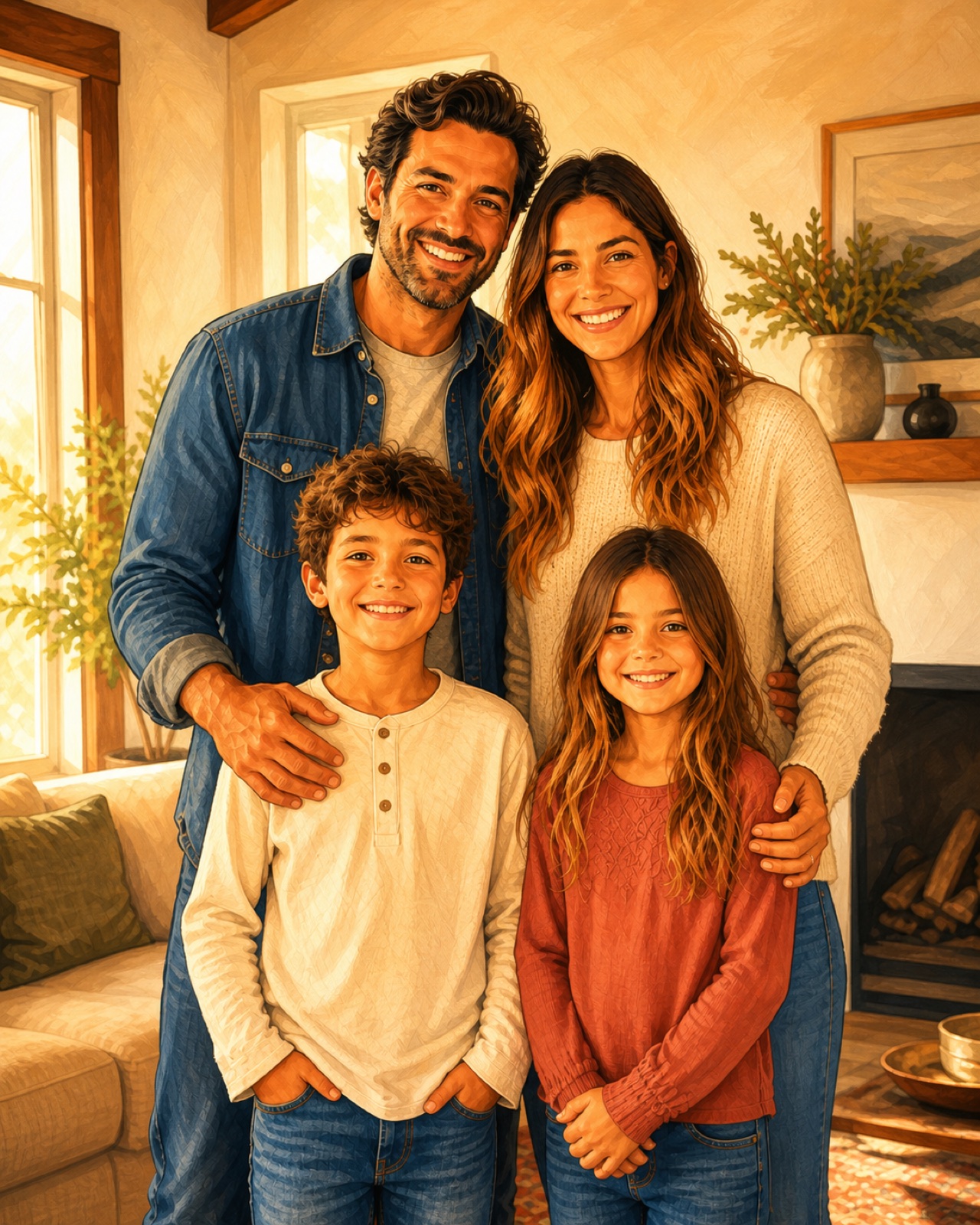 The four-person family transformed into illustrated artwork