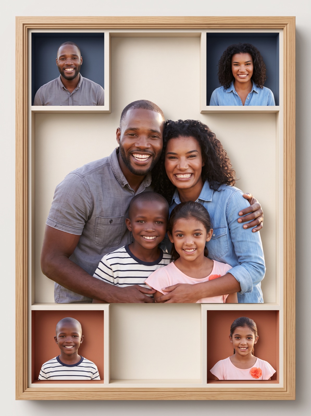 A family portrait arranged in a handcrafted shadowbox collage